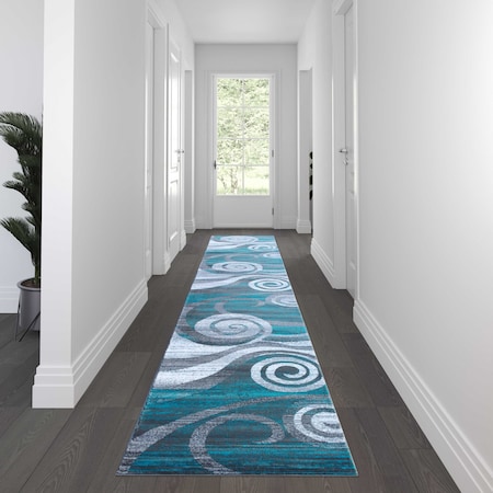 Turquoise 3' X 16' Modern Swirl Pattern Area Rug